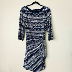 Tahari Belted Waist Wrap 3/4 Length Sleeve printed blue white womans 14p